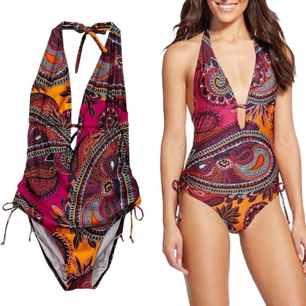 Cleanwater Paisley Plunge One Piece Swimsuit Size XL Boho Monokini Open Back